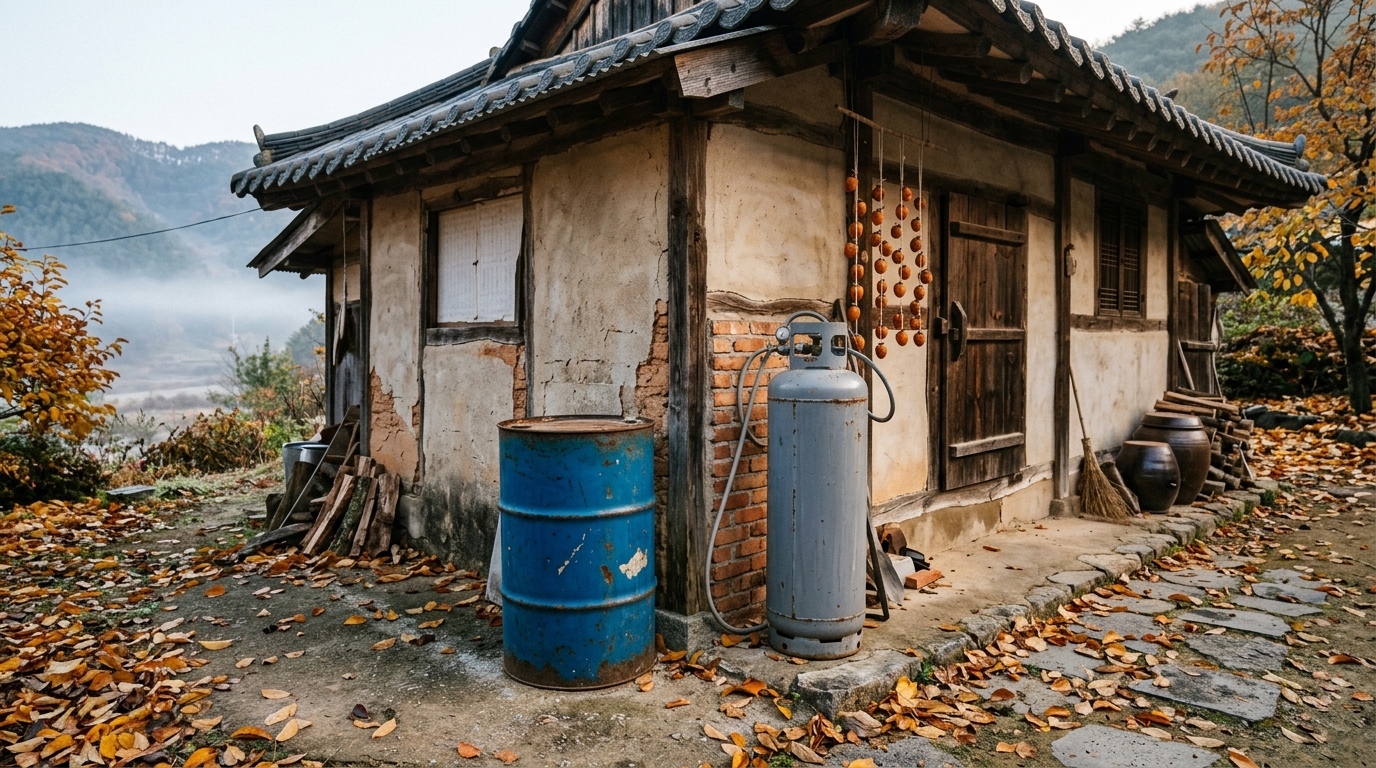 늦가을 시골집 벽 옆에 놓인 파란 등유 드럼통과 LPG 가스통
